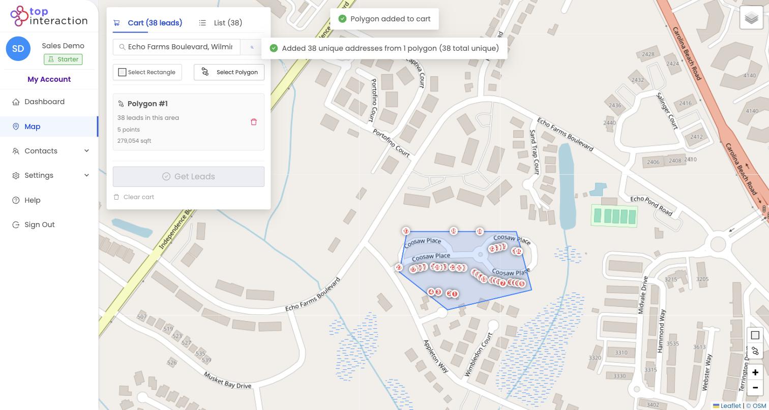 Trace a tight ring around the job with the Polygon tool — here, 38 neighboring homes.